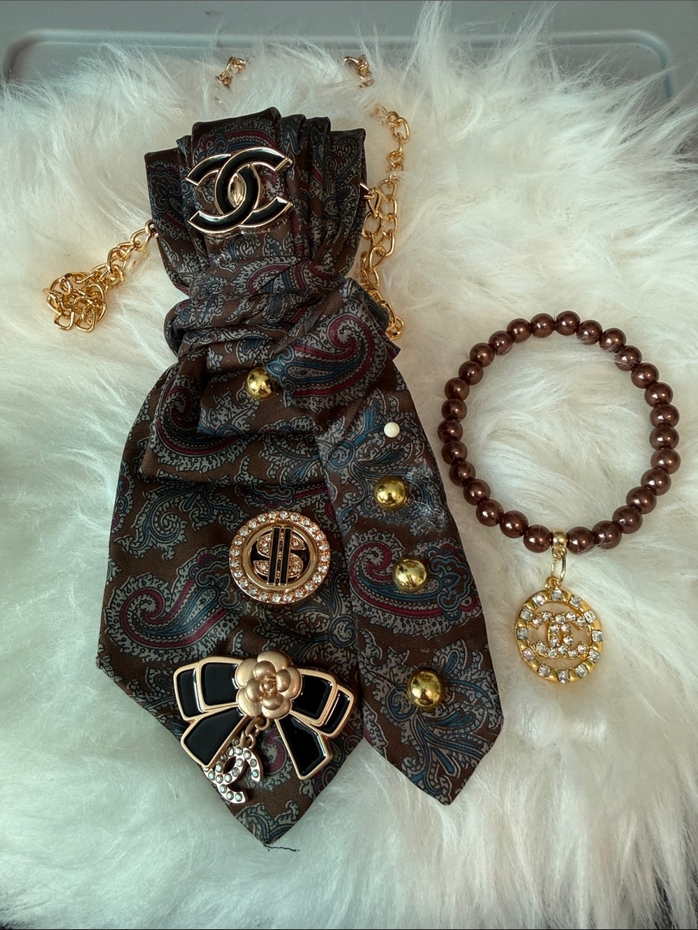 Chic Brown Paisley Scarf Necklace with Gold Accents